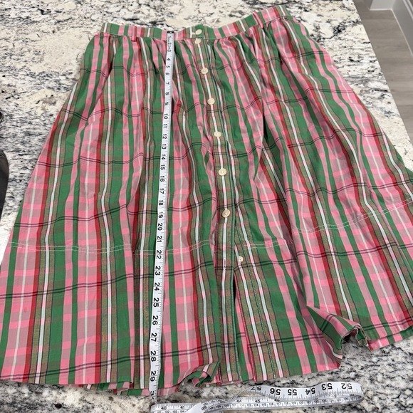 J CREW Midi Skirt 16 Pink Green Plaid Check Organic Cotton Button Front Pocket - Picture 9 of 11